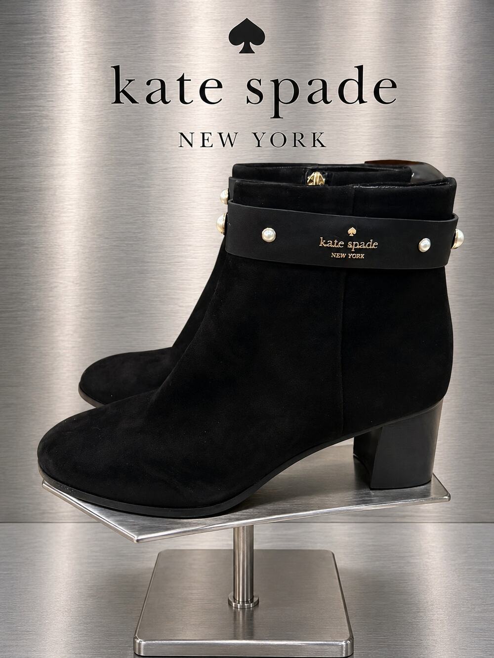 Kate Spade Stunner Black Suede Pearl Accent Ankle Boots Women’s 9B